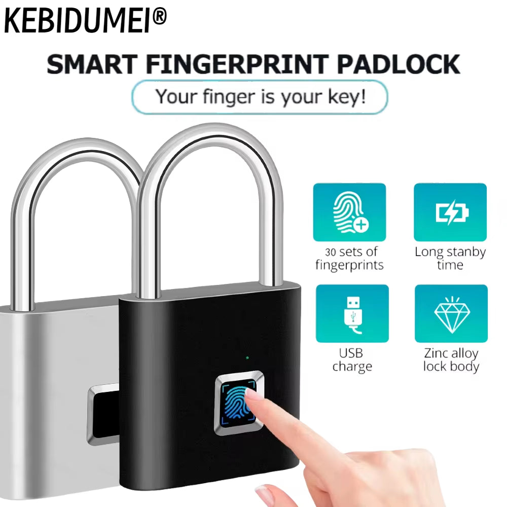 Keyless USB Rechargeable Fingerprint Lock Smart Home Padlock Waterproof Door Lock Quick Unlock Portable Anti-Theft Padlock