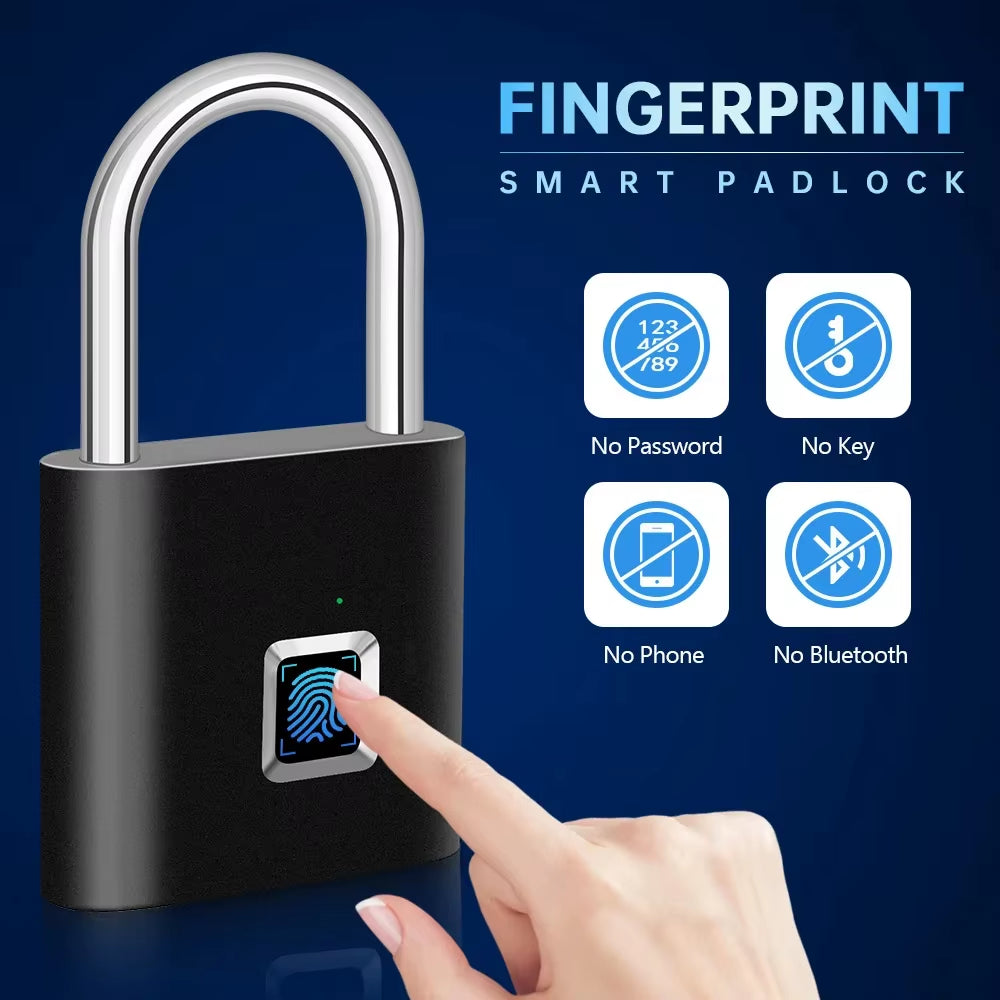 Keyless USB Rechargeable Fingerprint Lock Smart Home Padlock Waterproof Door Lock Quick Unlock Portable Anti-Theft Padlock