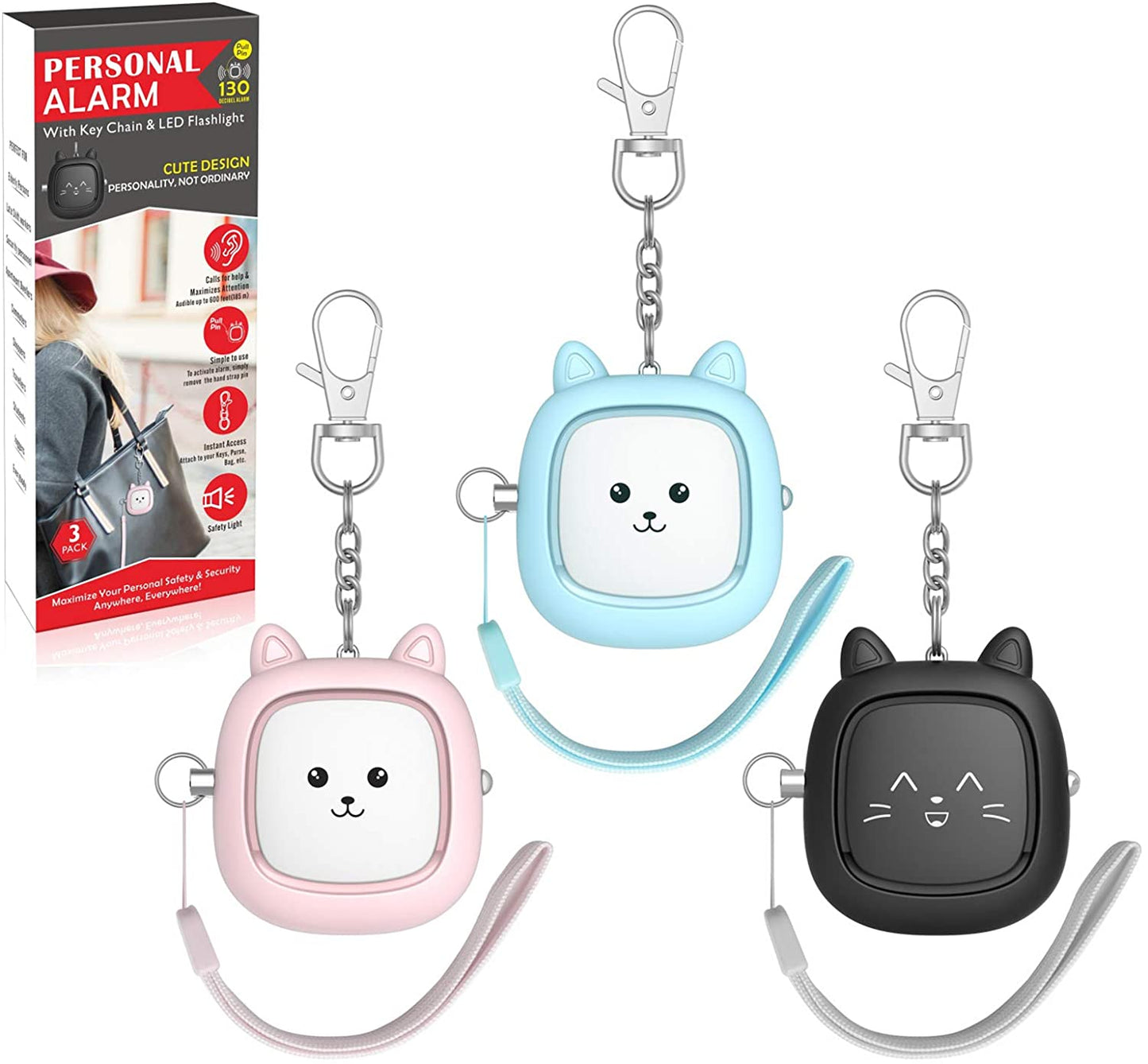 Personal Safety Alarm –  Loud Siren with LED Light, Easy Pull-Pin Keychain for Women & Seniors, Portable Everyday Use (3 Pack)