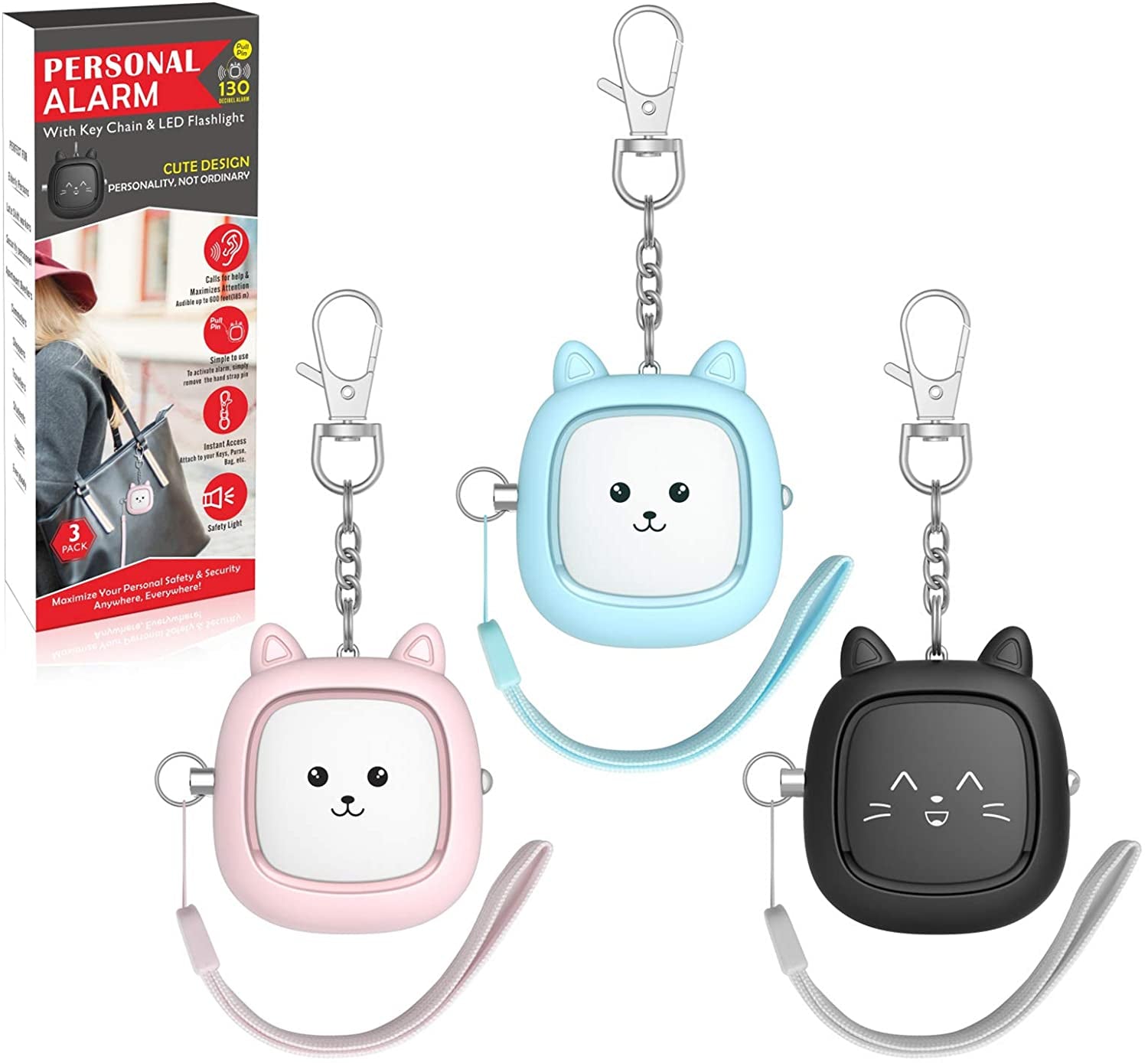 Personal Safety Alarm –  Loud Siren with LED Light, Easy Pull-Pin Keychain for Women & Seniors, Portable Everyday Use (3 Pack)