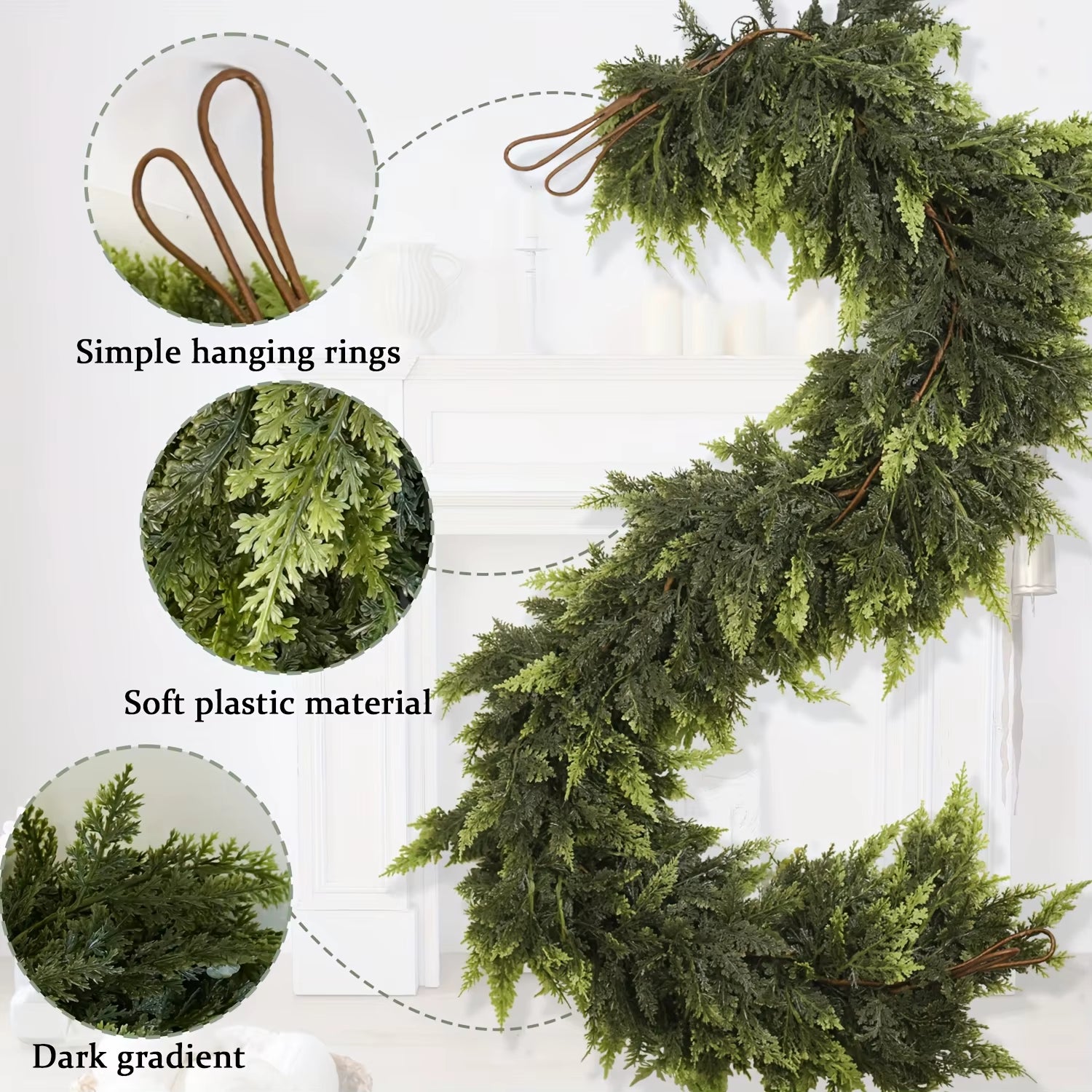 Artifical Dense Christmas Vines Wreath Fake Norfolk Cedar Wreath Christmas Rattan Garland Fireplaces Table Porch Xmas Decoration